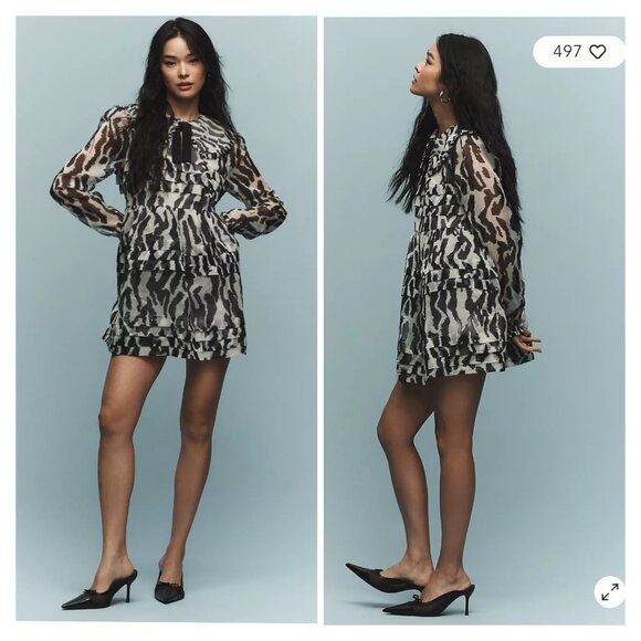 Maeve Long-Sleeve Collared Sheer Mini Dress Size Medium - Picture 2 of 8